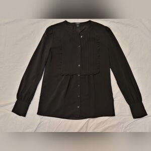 J Crew Sheer Black Pleated Pintuck Bib Yoke Button Up Blouse Top 2 XS